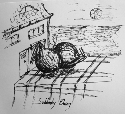 Suddenly Onions: two onions lying on a table which is the front yard of a house. In the background we see the sea and the moon. It is a surreal image.