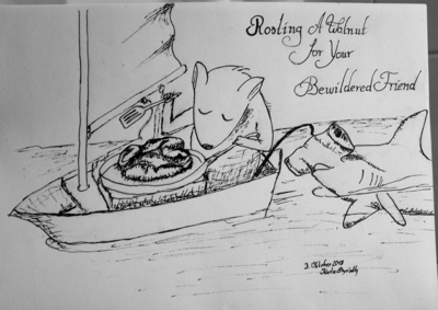 Roasting A Walnut For Your Bewildered Friend: a hammerhead shark swimming behind a small sailing boat. In that sailing boat a mouse roasts a walnut in a pan.