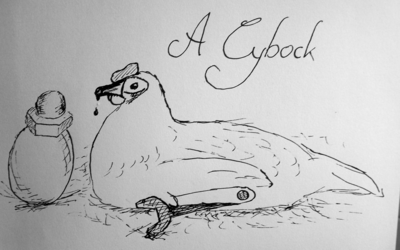 A Cybock: A chicken with wrench as a leg and an egg with a screw nut on top.
