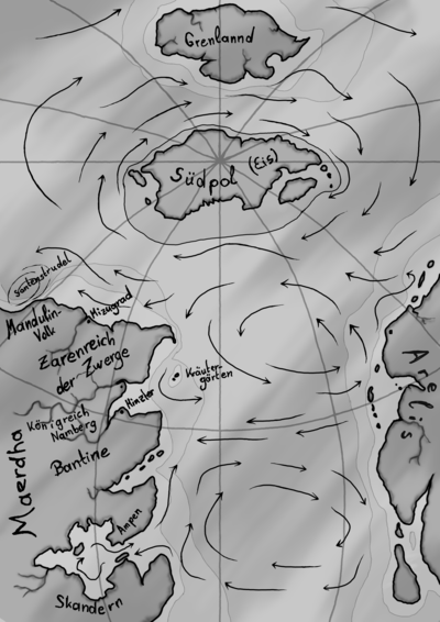 Eine Übersichts-Seekarte mit ungewöhnlicher
	Projektion: Oben ist der kleine Kontinent Grenlannd zentral, darunter im oberen Drittel der Karte der
	Südpol, durch den die Längengrade verlaufen. Unten links ragt der Kontinent Maerdha ins
	Bild und unten links der Kontinent Übersee. Zwischen den Kontinenten sind Strömungen
	eingezeichnet. Sie verlaufen im Uhrzeigersinn um den Südpol, es gibt eine Kreisströmung gegen
	den Uhrzeigersinn auf der Südhalbkugel zwichen den beiden Kontinenten Übersee und Maerdha
	und eine im Uhrzeigersinn auf der Nordhalbkugel - ähnlich wie auf der Erde. Außerdem eine
	gegenläufige Äquator-Strömung. Maerdha hat am meisten Details. Von Süden nach Norden
	sind folgende Regionen bezeichnet: Skandern, Ampen, Bantine, Königreich Namberg, Zarenreich
	der Zwerge und Mandulin-Volk. Eine Stadt in der Bantine ist Minzter und eine im Zarenreich
	der Zwerge ist Mizugrad.