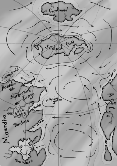 Eine Übersichts-Seekarte mit ungewöhnlicher
		Projektion: Oben ist der kleine Kontinent Grenlannd zentral, darunter im oberen Drittel der Karte der
		Südpol, durch den die Längengrade verlaufen. Unten links ragt der Kontinent Maerdha ins
		Bild und unten links der Kontinent Arelis. Zwischen den Kontinenten sind Strömungen
		eingezeichnet. Sie verlaufen im Uhrzeigersinn um den Südpol, es gibt eine Kreisströmung gegen
		den Uhrzeigersinn auf der Südhalbkugel zwichen den beiden Kontinenten Arelis und Maerdha
		und eine im Uhrzeigersinn auf der Nordhalbkugel - ähnlich wie auf der Erde. Außerdem eine
		gegenläufige Äquator-Strömung. Maerdha hat am meisten Details. Von Süden nach Norden
		sind folgende Regionen bezeichnet: Skandern, Ampen, Bantine, Königreich Namberg, Zarenreich
		der Zwerge und Mandulin-Volk. Eine Stadt in der Bantine ist Minzter und eine im Zarenreich
		der Zwerge ist Mizugrad.