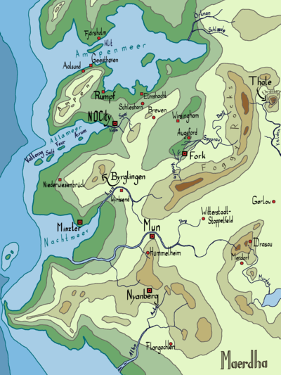 Das Bild zeigt eine Karte mit Höhen- und Tiefenlinien und Farbprofil, das Berge
	anzeigt. Eingetragene Städte sind Fork, Nyanberg, Thale, Aalsund, Rumpf, Schleshorn, Elmshacht, Brewen und Mørdorf. Byrglingen ist
	das einzige eingetragene Dorf. Im Westen grenzt das Land an Meer oder Ozean an. Die Landlinie im Norden erinnert 
	an manchen Stellen ein klein wenig an Schweden und Norwegen.