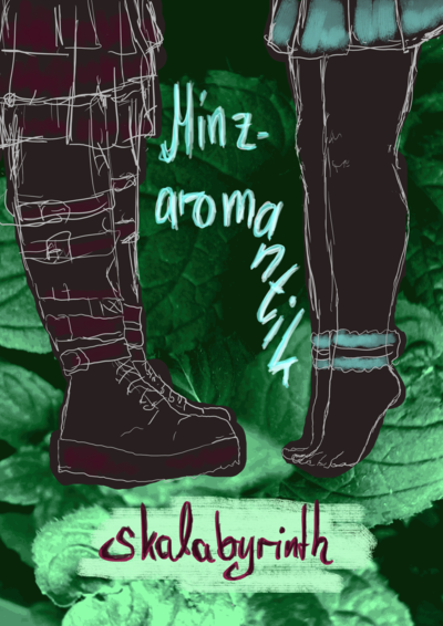 Cover. Im Hintergrund ein Foto von Minzblättern, die durch einen Grünfilter gejagt wurden und nun noch grüner wirken. Davor zwei sich gegenüberstehende Beinpaare, eins in Stiefeln mit schnallen, recht goth, ein nacktes Paar, abgesehen von Fußbändern mit hellblauer Spitze. Letztere stehen auf Zehenspitzen. Der Titel steht zwischen den Beinpaaren. Er ist nach Minz getrennt, und das 