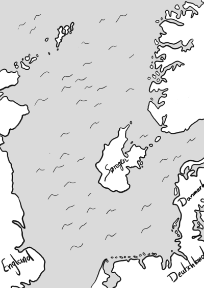 Eine Karte, auf der die Ränder von Norwegen, Dänemark, Deutschland, Niederlande und England sind. Die Namen der Länder stehen jeweils in ihrer Eigenen Sprache schräg auf die Länder geschrieben. Etwas südwestlich von Norwegen ist eine Insel hinzugefügt, etwa die halbe Größe von Dänemark, ähnliche Küstenlinie wie Dänemark, mit Namen Søregen.