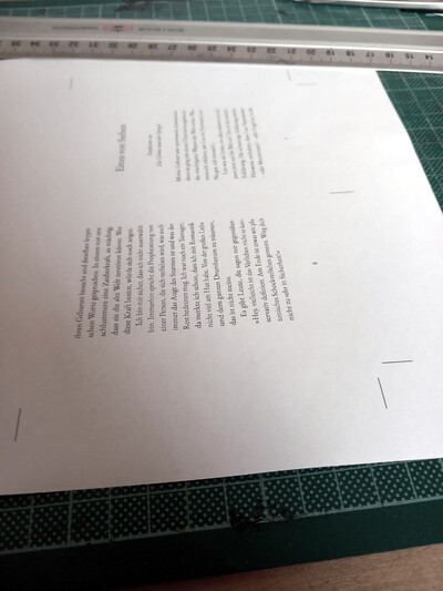 Die untere Hälfte eines A4-Papiers, auf der Seite 5 und Seite 8 des Buchs gedruckt sind. Außerdem sind Schnittmarken darauf. Das sind gerade Linienansätze am Rand. Das Blatt liegt auf einer grünen Schnittmatte mit Zentimetermaß und ein langes Stahllineal liegt am oberen Rand.