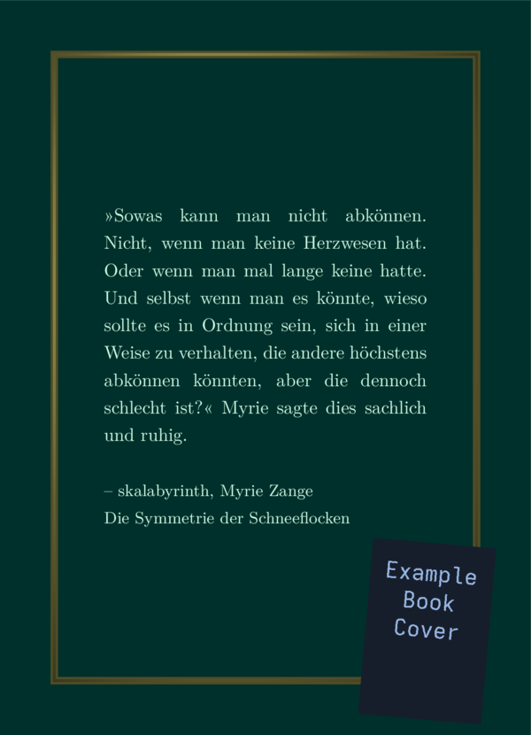 Das gleiche Bild wie eben, aber statt des Buchs nur das Cover. Es ist um 5° im Uhrzeigersinn gedreht.