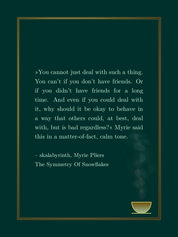 Light green favorite quote on dark green background, golden frame. There is a golden cup on the bottom right inside the frame. Steam emerges from it.