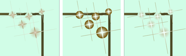 Again only the upper right part of the image three times. The first shows rather dark sparkles. The third shows very bright sparkles. And the middle shows sparkles like described in the last image. It is the only sparkle option where the light circle doesn't fade into nothing but dark color.