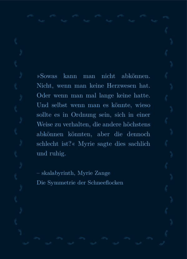 Text und Hintergrundfarbe wie üblich. Kleine barfüßige menschliche Fußspuren spazieren in einem Rechteck um den Text.