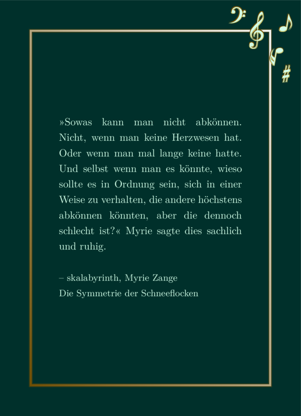 Hellgrünes Lieblingszitat mit dunkelgrünem Hintergrund. Der Rahmen ist golden unten rechts und hellgelb oben links. Die Noten sind ebenfalls hellgelb mit einem goldenen, scharfen Schatten. Es gibt den Noten einen Effekt, als wären sie 3D-Sticker.