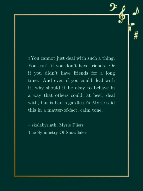 Light green favorite quote in dark green background. The frame is golden on the lower right and very bright yellow on the top left. The notes also are bright yellow with a golden sharp shadow. That gives them the impression of being 3D golden stickers.