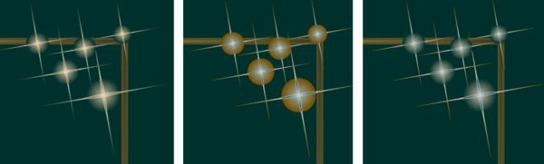 Same color setup but this time we see only the uper right part of the sharepic. The first of the three images show the same sparkles as above. In the second the circle is not fading but massiv and golden. In the third the colors are even lighter and the inner of the four-pointed star is more transparent.