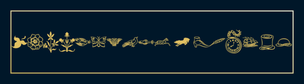 A wide image with all the ormanets above in light yellow on dark blue background, framed.