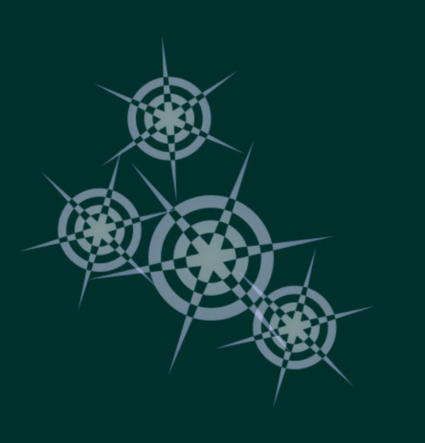 White slightly transparent snowflake like shapes on green background. In fact, these are six-pointed stars with four concentric circles on top of them. The pattern looks a bit like a chessboard made to a circle, and it is colored in a similar pattern.