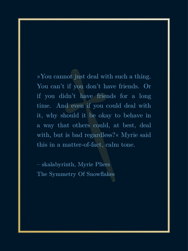 Light blue favorite quote on dark blue background. Shiny frame, but colored light yellow. There is a symbol behind the text, looking like a mixture of a dagger and a clubs symbol from card games. The transparent layer fully covers the symbol.