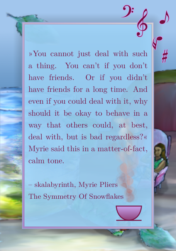 The background image shows a scene on a table. There is a glass tea pot on it. But there also is a tiny person sitting in a pink wing chair. The favorite quote is dark pink on a semitransparend light blue background in a light pink frame. There is a shaded pink cup bottom right with steam emerging from it. There are dark pink music symbols on the top right, with a shimmering light pink gleam to it.