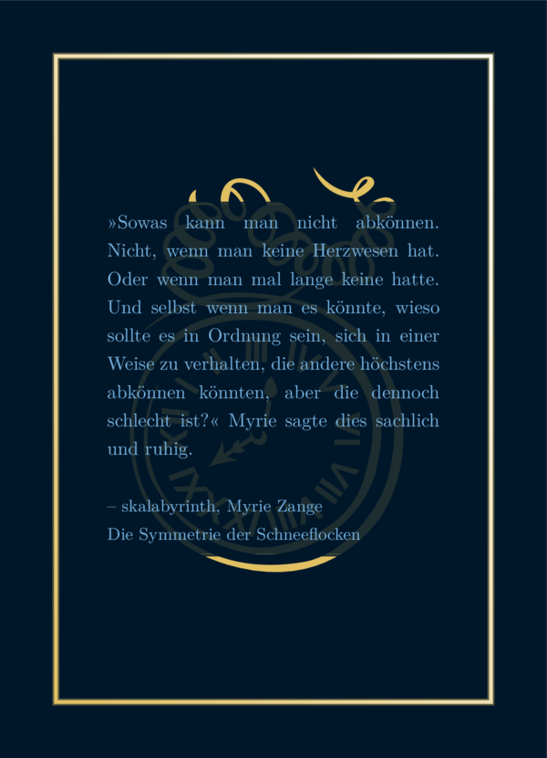 Hellblauer Text, dunkelblauer Hintergrund, schimmernder gelber Rahmen, Schatten hinterm Text, hellgelbe Taschenuhr als Symbol hinter dem Text. Es sieht elegant handgemalt aus.
