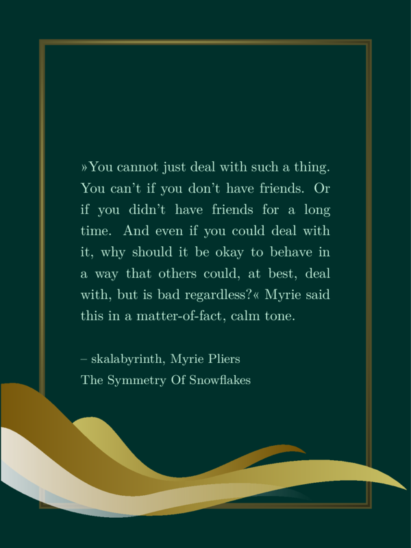 Light green favorite quote on dark green background, golden massive frame. The mentioned shape, three times in different sizes, overlapping each other. The bottom one is higher, smaller, light golden at the left where the droplet head is, and dark golden on the left where its tail is. The middle one is the largest, and the shading is the other way around. The front shape is white and fades to transparency.