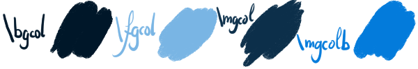 text: \bgcol, followed by a dark blue color, not much saturated, text: \fgcol, followed by a very light blue color, text: \mgcol, followed by a color between the others, and text: \mgcolb, followed by a rather bright blue color.
