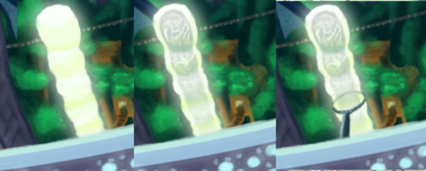 Das Bild zeigt drei Stände einer wobbeligen Säule neben der Leuchtbrücke. Auf dem ersten Bild ist sie
einfach nur grell hellgelb. Auf der zweiten wirt sie durchsichtig und weiße Linien schwimmen darin herum. Auf dem dritten
hat sie eine an der Brücke befestigten Halterung.