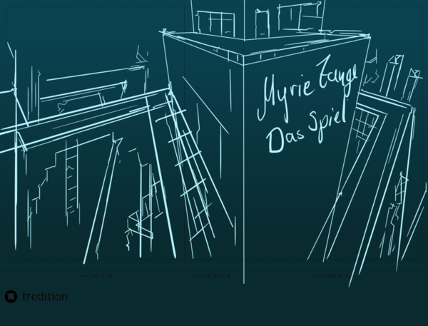 Eine neue simple Skizze, wieder mit hell-cyan Linien auf dunkel-cyan. Aber diesmal sind alle Linien
schnurgerade und folgen ein paar nicht eingezeichneten Fluchtpunktlinien. Außer der Titel, der
wieder auf dem Hochhaus steht.