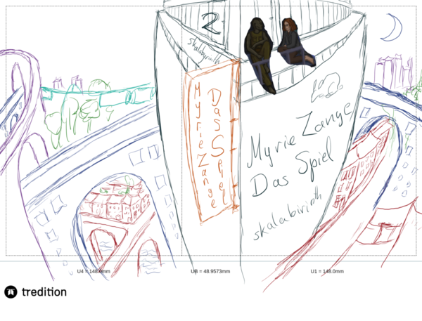 Das Bild zeigt obigen Sketch feiner ausgearbeitet. Für die verschiedenen Elemente habe ich verschiedene
Farben genommen. Der Hintergrund ist jetzt weiß. Die Linien sind dünner. Die Brücken haben
Fenster. Tief unterhalb der Brücke auf der Rückseite sind weitere Brücken mit Mehrfamilienhäusern daran,
die aber klein sind, weil sie weit weg sind. Die Schwebebahn ist wieder weg. Auf dem Dach sind die beiden Figuren
aus dem ersten Cover hingecopypastet. Auf dem Buchrücken zeigt ein Schild, das vom Hochhaus abgeht, ebenfalls
den Titel, ähnlich einer japanische Leuchtreklame.